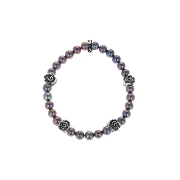 6mm Grey Pearl Bracelet W/ 4 Silver Rose Beads