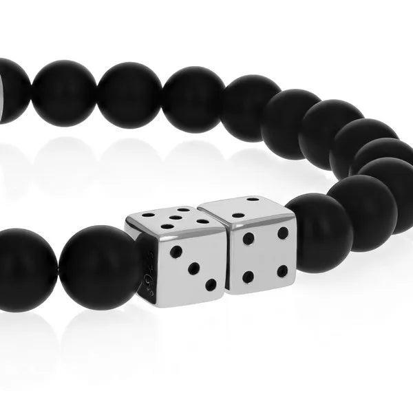 Onyx Bead Bracelet With 2 Silver Dice Beads and Logo Ring