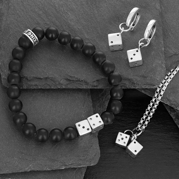 Onyx Bead Bracelet With 2 Silver Dice Beads and Logo Ring
