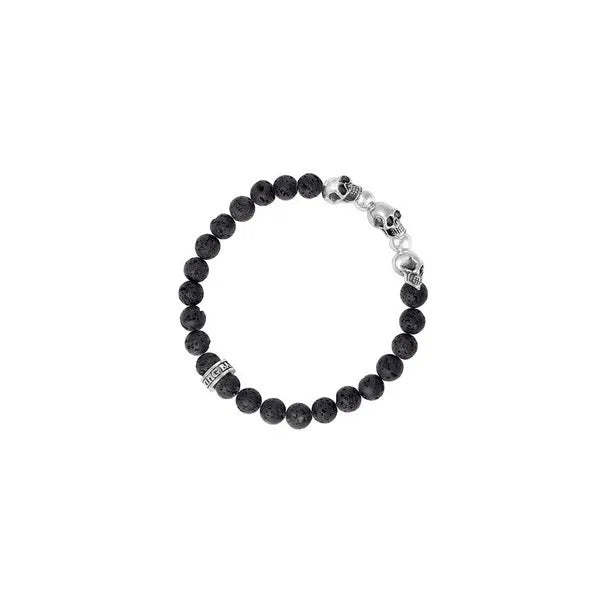 8mm Lava Rock Bead Bracelet W/ 3 Skulls and 2 Silver Beads