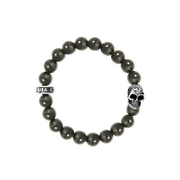 10mm Amethyst Polish Beaded Bracelet W/ Dotd Skull