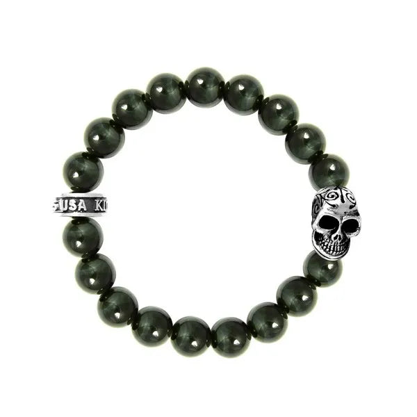 10mm Amethyst Polish Beaded Bracelet W/ Dotd Skull