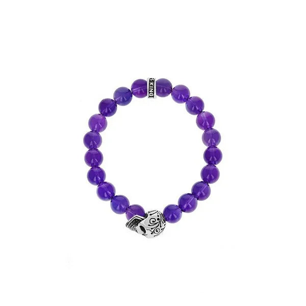 10mm Amethyst Polish Beaded Bracelet W/ Dotd Skull