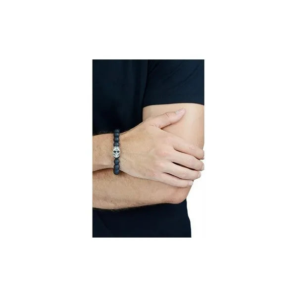 10mm Black Onyx Bead Bracelet W/ Dotd Skull