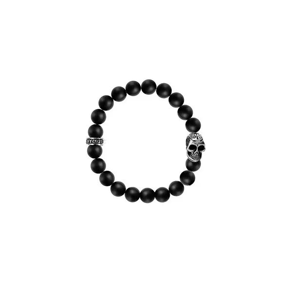 10mm Black Onyx Bead Bracelet W/ Dotd Skull
