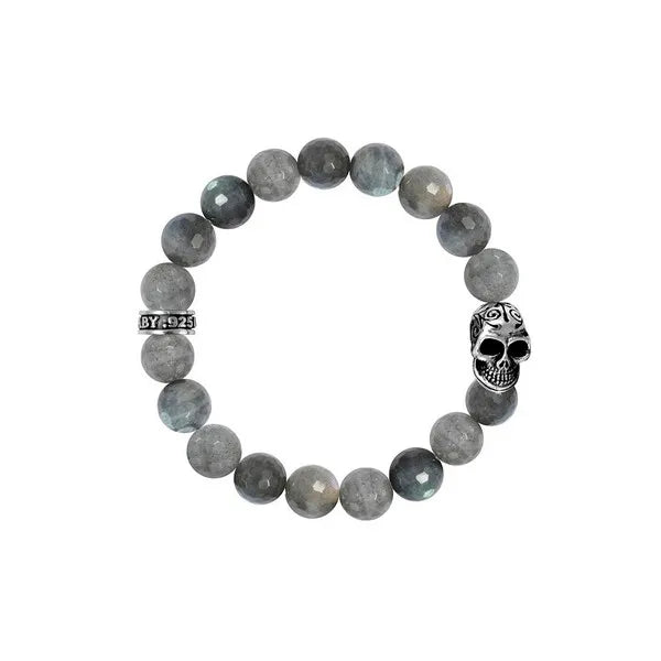 10mm Labradorite Bead Bracelet W/ Dotd Skull