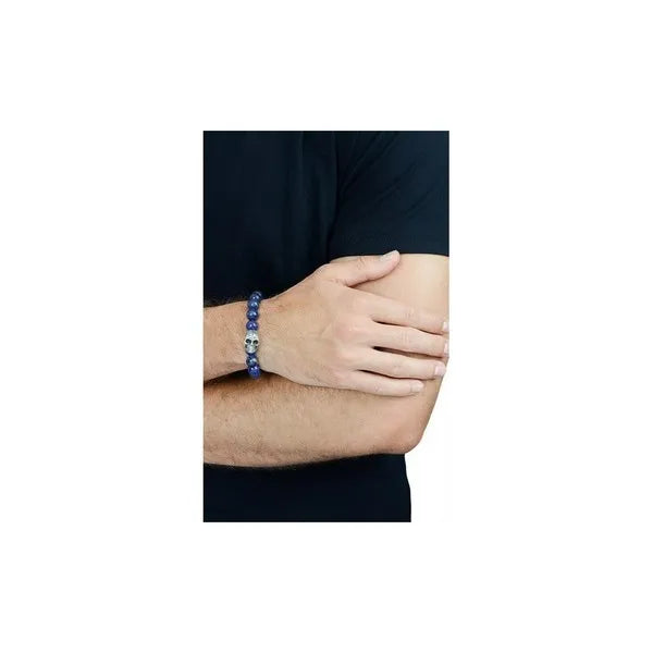 10mm Lapis Bead Bracelet W/ Dotd Skull