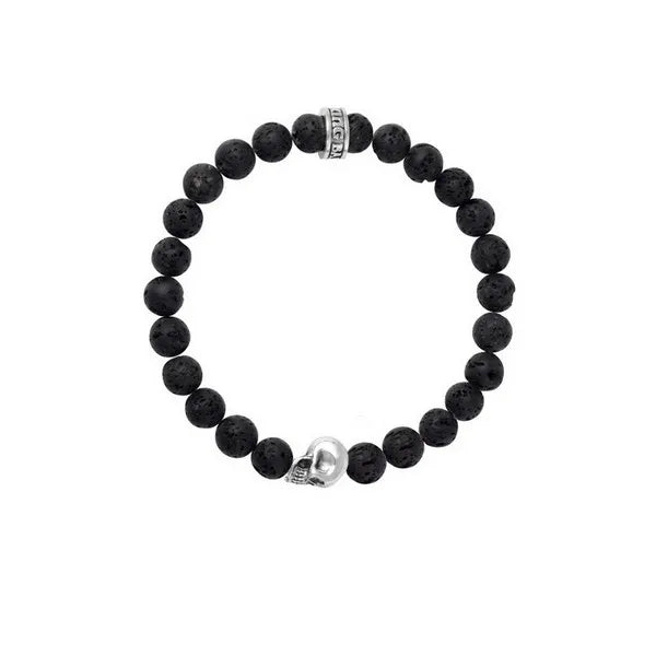8mm Grey Agate Bead Bracelet W/ Small Silver Skull Bead