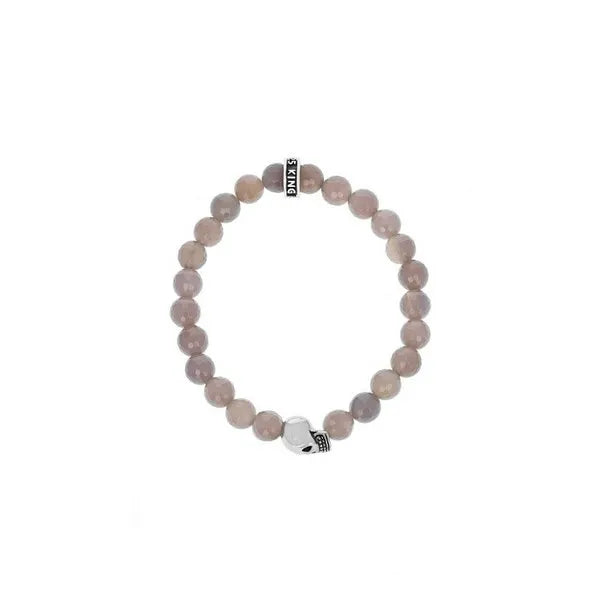 8mm Grey Agate Bead Bracelet W/ Small Silver Skull Bead