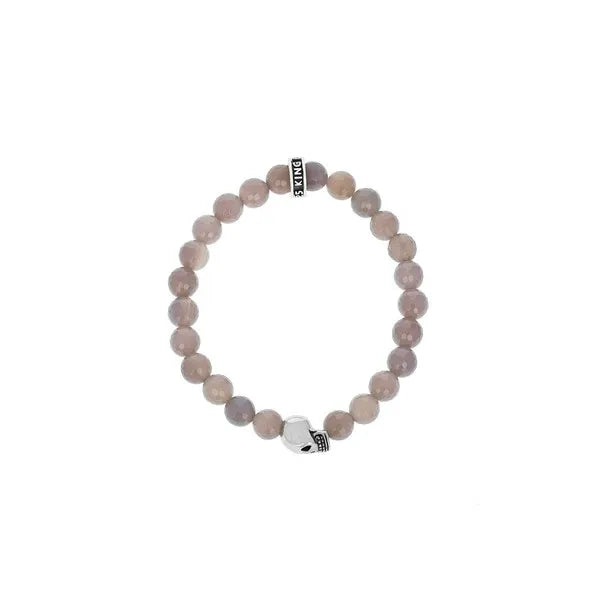 8mm Grey Agate Bead Bracelet W/ Small Silver Skull Bead
