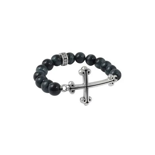 10mm Blue Tiger Eye Bead Bracelet W/ Large Curved Traditional Cross