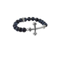 10mm Blue Tiger Eye Bead Bracelet W/ Large Curved Traditional Cross
