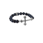 10mm Blue Tiger Eye Bead Bracelet W/ Large Curved Traditional Cross