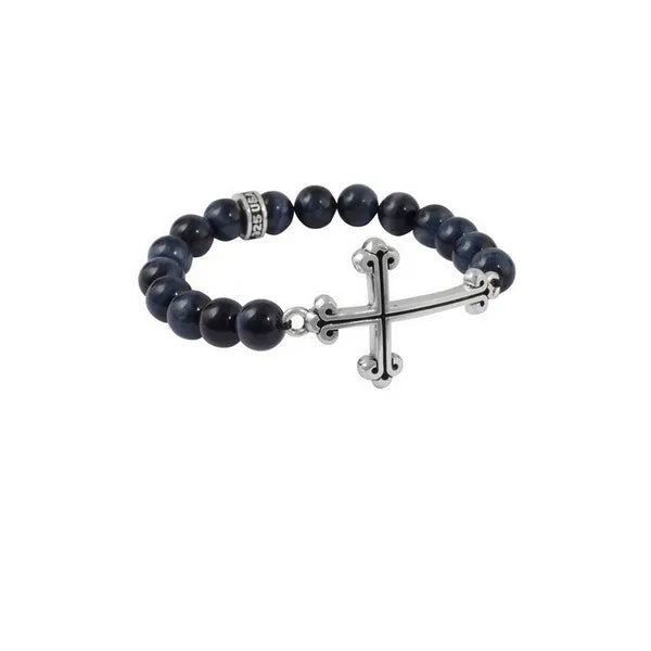 10mm Blue Tiger Eye Bead Bracelet W/ Large Curved Traditional Cross