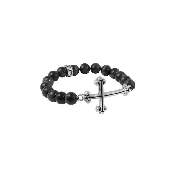 10mm Blue Tiger Eye Bead Bracelet W/ Large Curved Traditional Cross