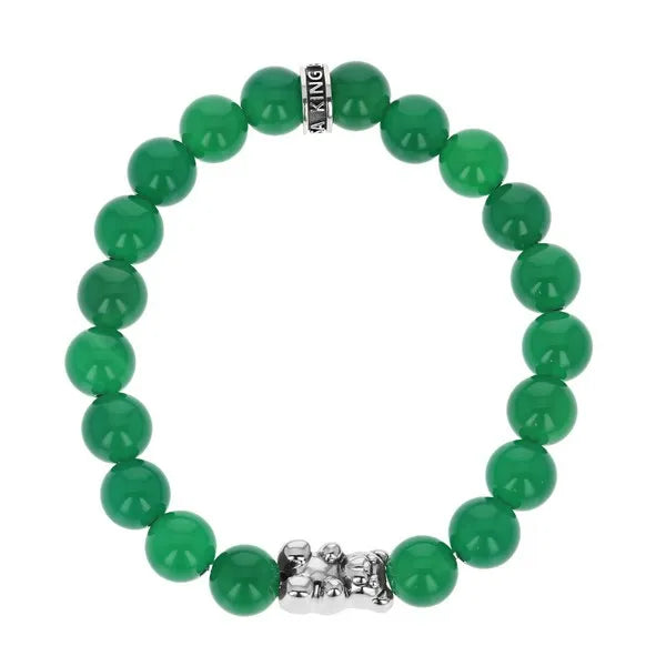 Green Agate Beaded Bracelet W/ Large Silver Gummie Bear