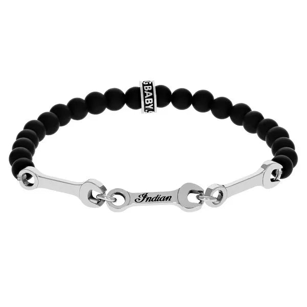 Indian Motorcycle 6mm Onyx Beaded Bracelet W/triple Small Wrenches