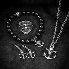 Anchor Skull Charm Mate Onyx Beaded Bracelet