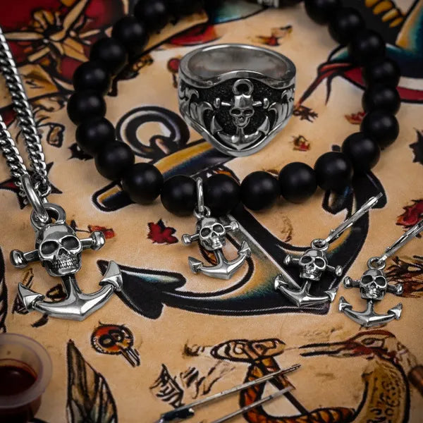 Anchor Skull Charm Mate Onyx Beaded Bracelet
