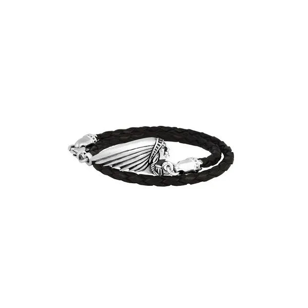 Thin Braided Black Leather Indian Headdress Double Wrap Bracelet
