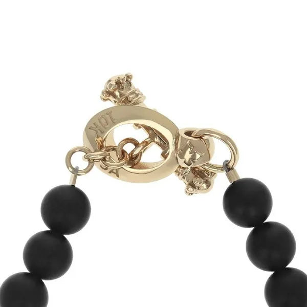 Rosary With Medium Beads, 10k Gold Skull and Small Traditional Cross