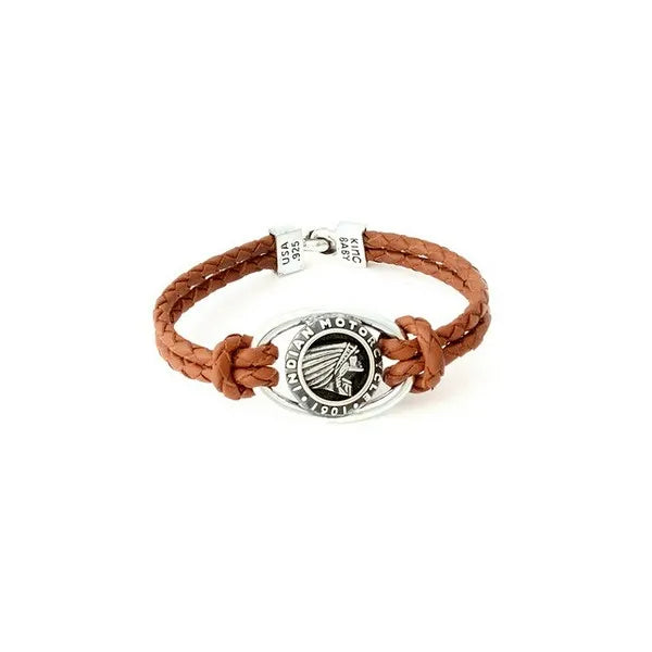 Double Brown Leather Braid Bracelet With Indian Icon and Hook Clasp