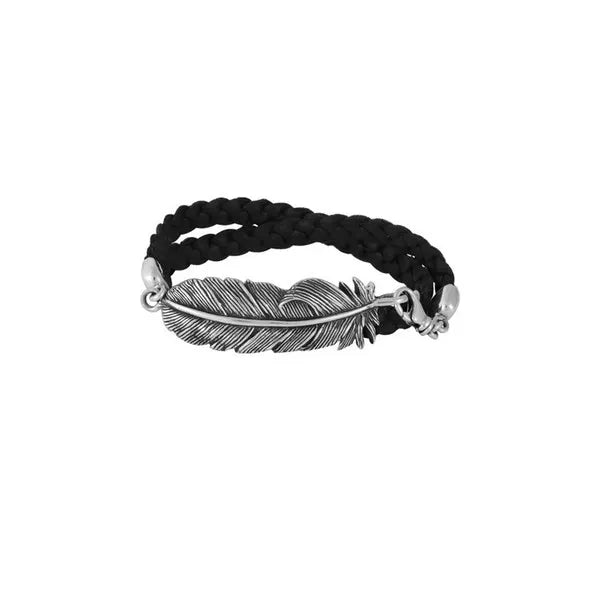 Double Wrap Leather Bracelet With Raven Feather