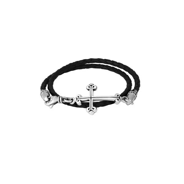 Thin Braided Leather Traditional Cross Double Wrapped Bracelet