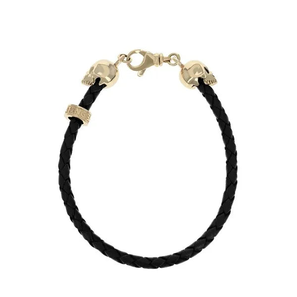 10k Gold Thin Braided Leather Hamlet Skull Bracelet