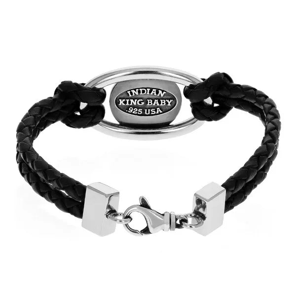 Indian Motorcycle Double Leather Braid Bracelet W/ Speedometer Icon and Lobster Clasp