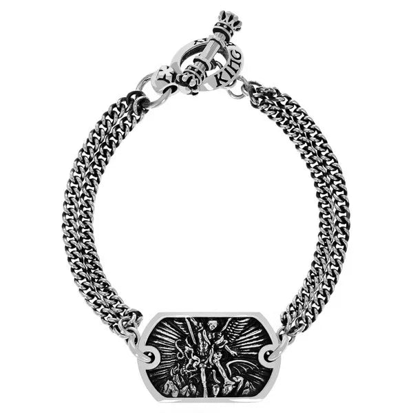 Saint Michael Double Curblink Chain Bracelet W/ T-bar and Toggle