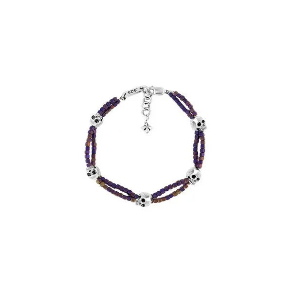 Grey Square Hematite Double Strand Bracelet With Skulls