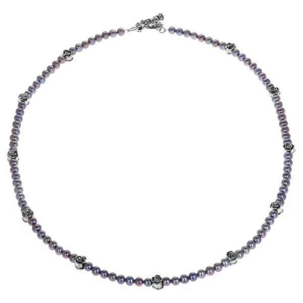 6mm Grey Pearl Necklace W/ Silver Rose Beads
