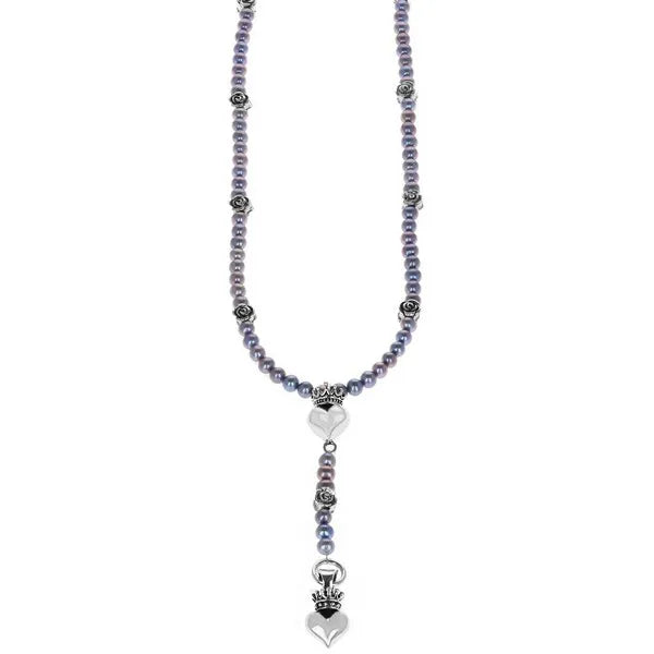 6mm Grey Pearl Rosary W/ Silver Rose Beads and Crowned Hearts