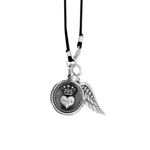Large Heart Coin and Wing on Leather Neck
