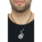 Large Skull Coin and Ancient Cross on Braided Cord