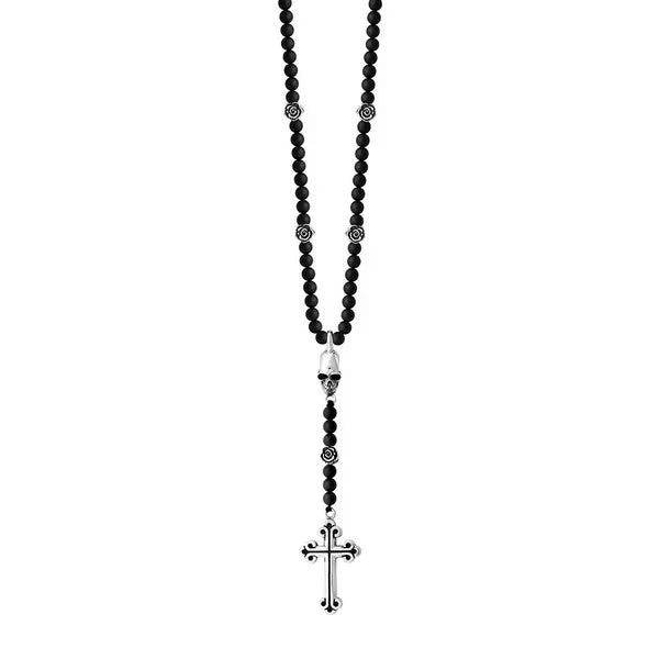 Rosary With Medium Onyx Beads & Silver Roses, Silver Skull and Small Traditional Cross