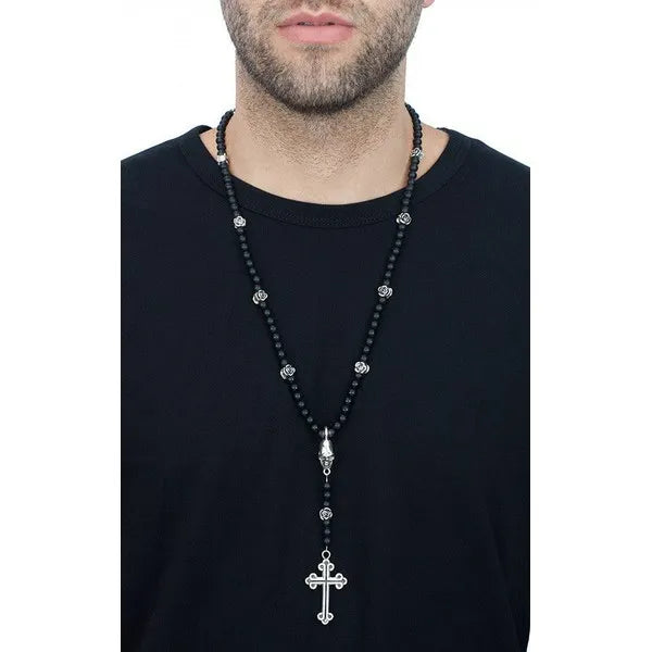 Rosary With Medium Onyx Beads & Silver Roses, Silver Skull and Small Traditional Cross