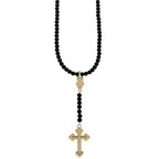 Rosary With Medium Beads, 10k Gold Skull and Small Traditional Cross
