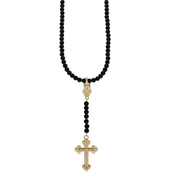Rosary With Medium Beads, 10k Gold Skull and Small Traditional Cross