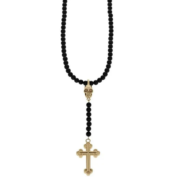 Rosary With Medium Beads, 10k Gold Skull and Small Traditional Cross
