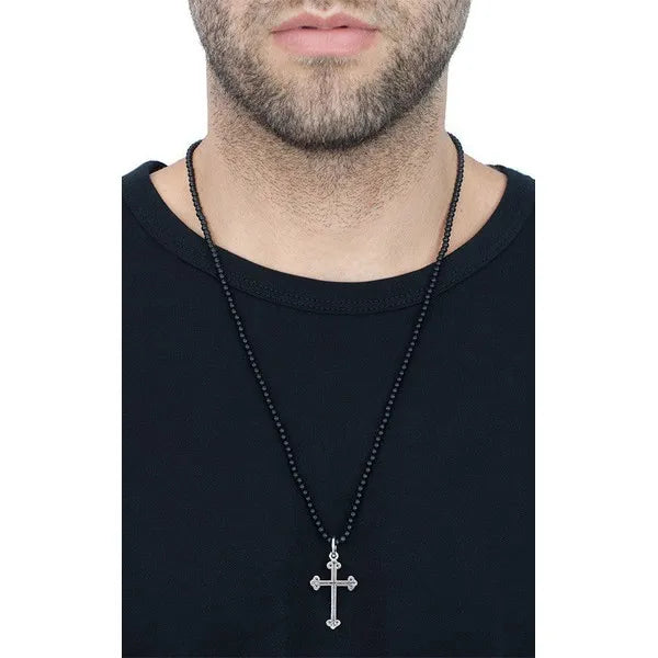 Traditional Cross (P-0207)on Onyx Beaded Necklace 24'
