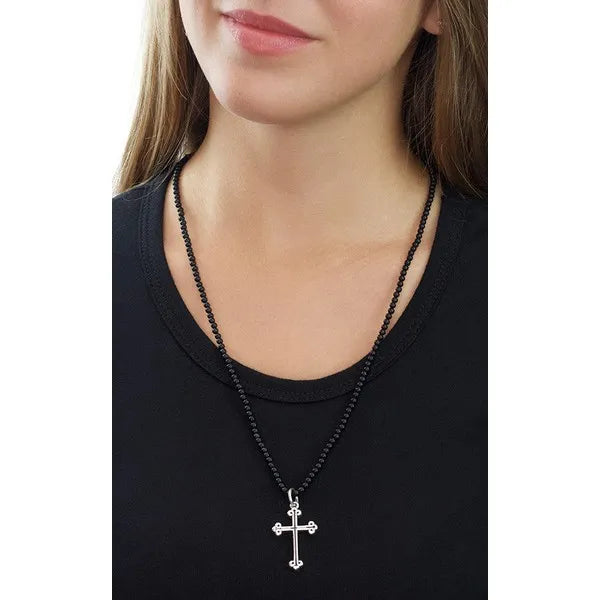 Traditional Cross (P-0207)on Onyx Beaded Necklace 24'