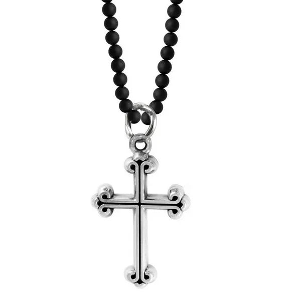 Traditional Cross (P-0207)on Onyx Beaded Necklace 24'