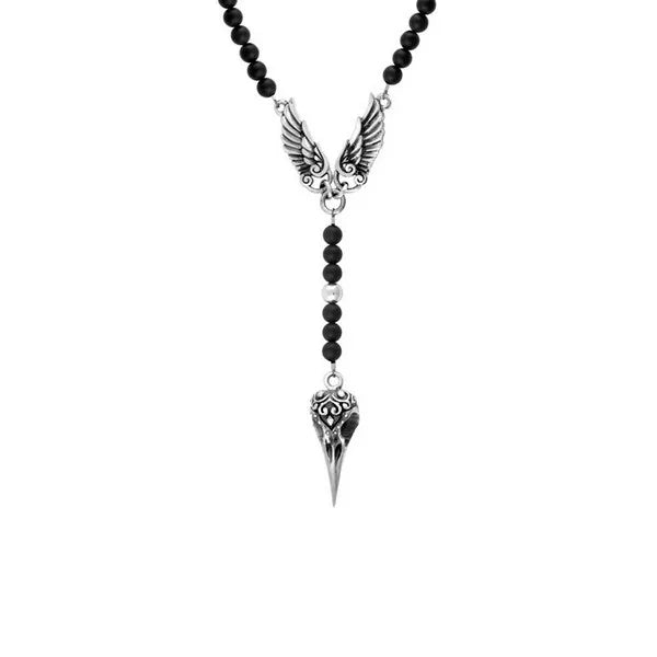 Black Onyx Rosary With Wings and Raven Skull