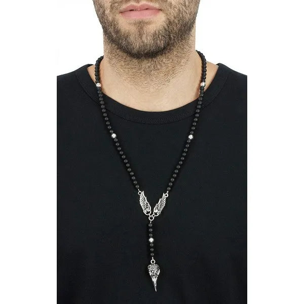 Black Onyx Rosary With Wings and Raven Skull