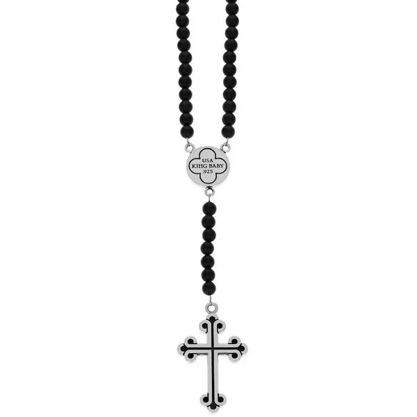 Onyx Bead Rosary W/ Gold Alloy Symmetrical Traditional Cross Center and Large Traditional Cross Drop