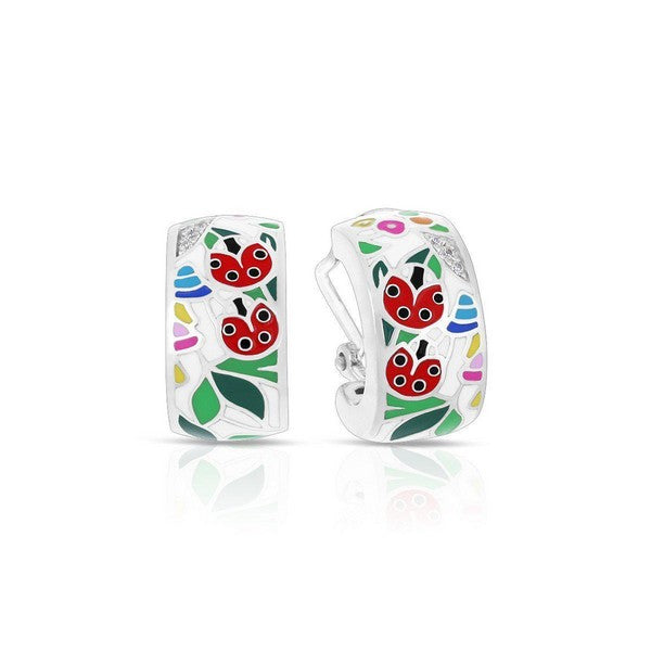 Silver hoop earrings with colorful enamel ladybug and leaf design.