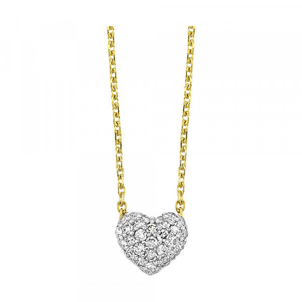 Gold necklace with heart-shaped diamond pendant on link chain.