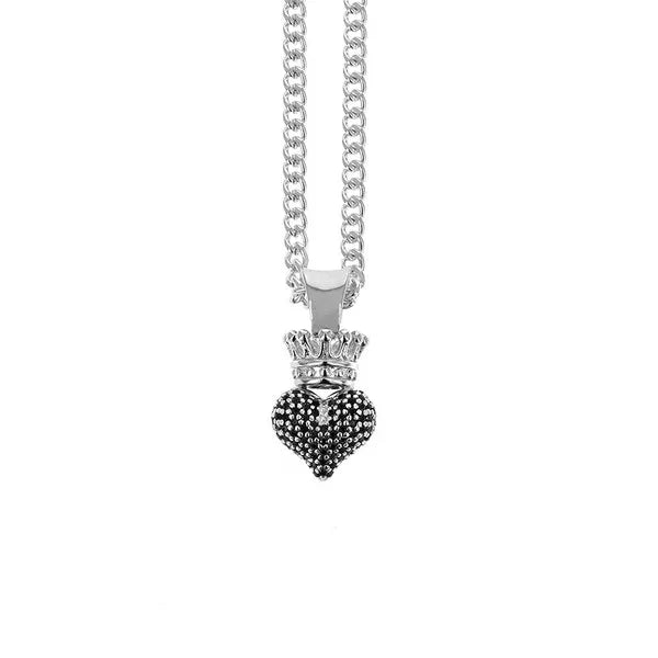 3d Crowned Heart Pendant - Silver and Black Cz Pave Cps13115 on 18' Curb Link Chain
